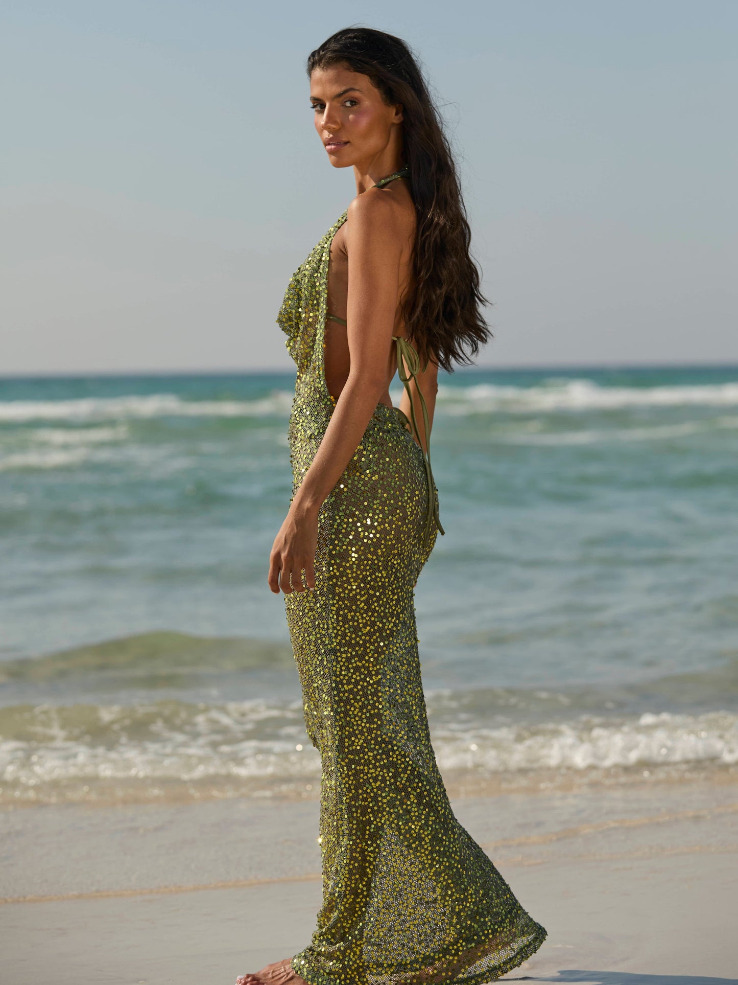KAIA GLIMMER BACKLESS COWL MAXI DRESS