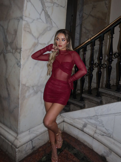 OVERLAY DETAIL MINI DRESS - BURGUNDY