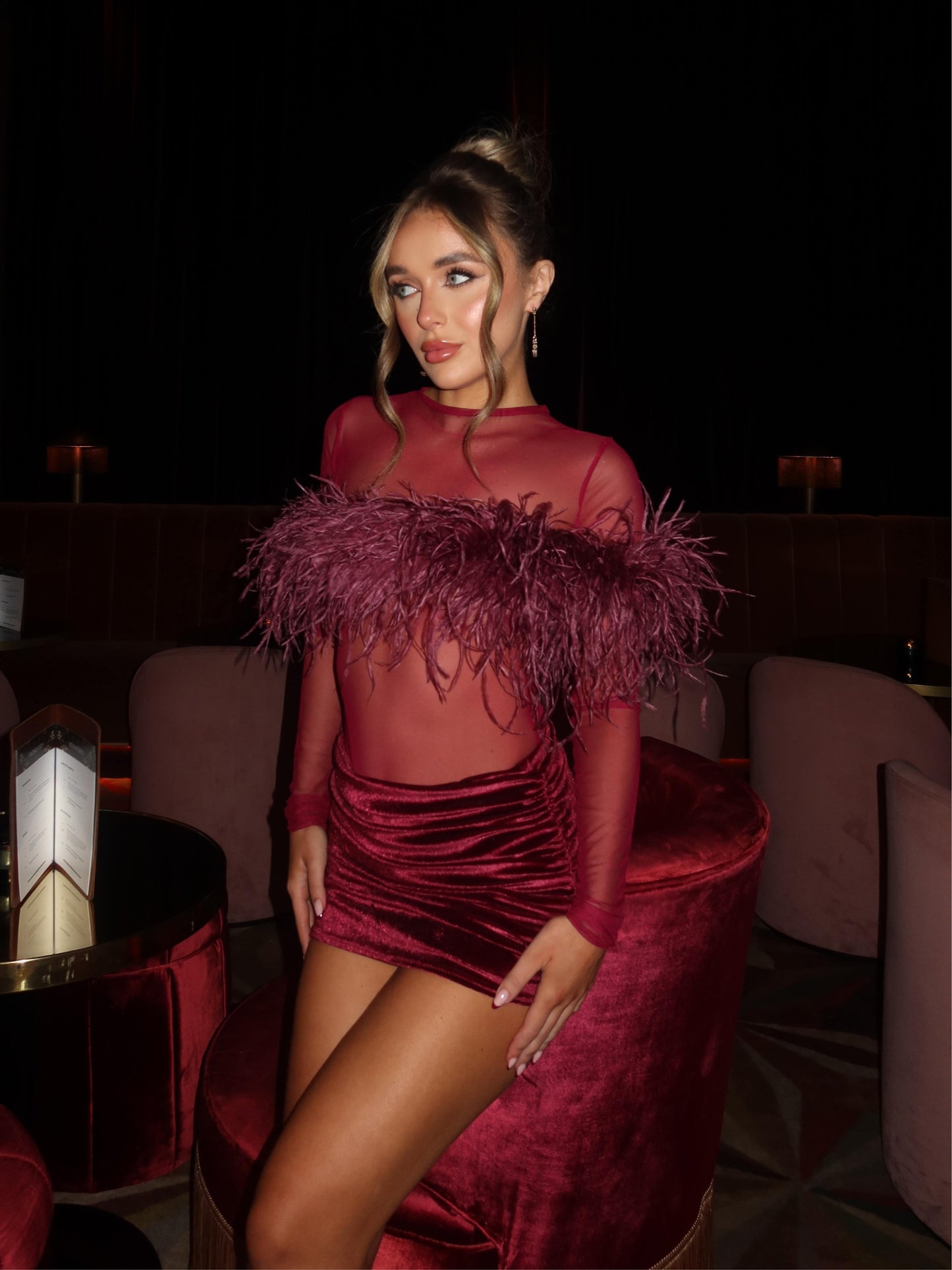 OSTRICH FEATHER OVER THE SHOULDER MESH BODYSUIT- BURGANDY