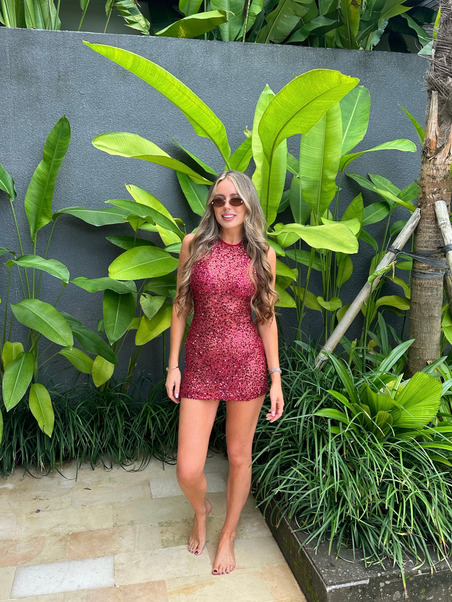 ARUBA GLIMMER BACKLESS MINI DRESS