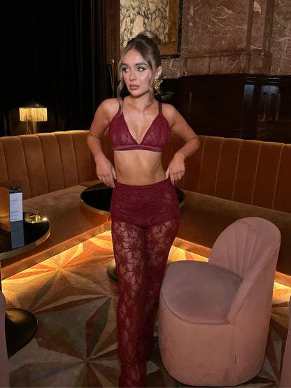 EMBROIDERED LACE FLARED TROUSER - BURGANDY