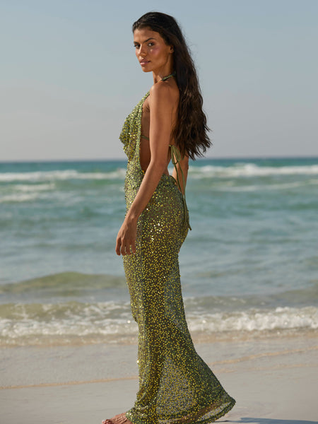 KAIA GLIMMER BACKLESS COWL MAXI DRESS – haloure